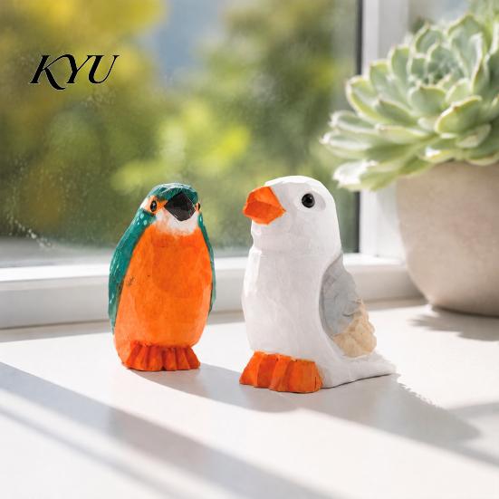 Cute Desktop Bird Sculptures Hand Carved Basswood Ornament, Wooden Animal Figures, Solid Wood Ornaments Compact Size Statues for Home Decor