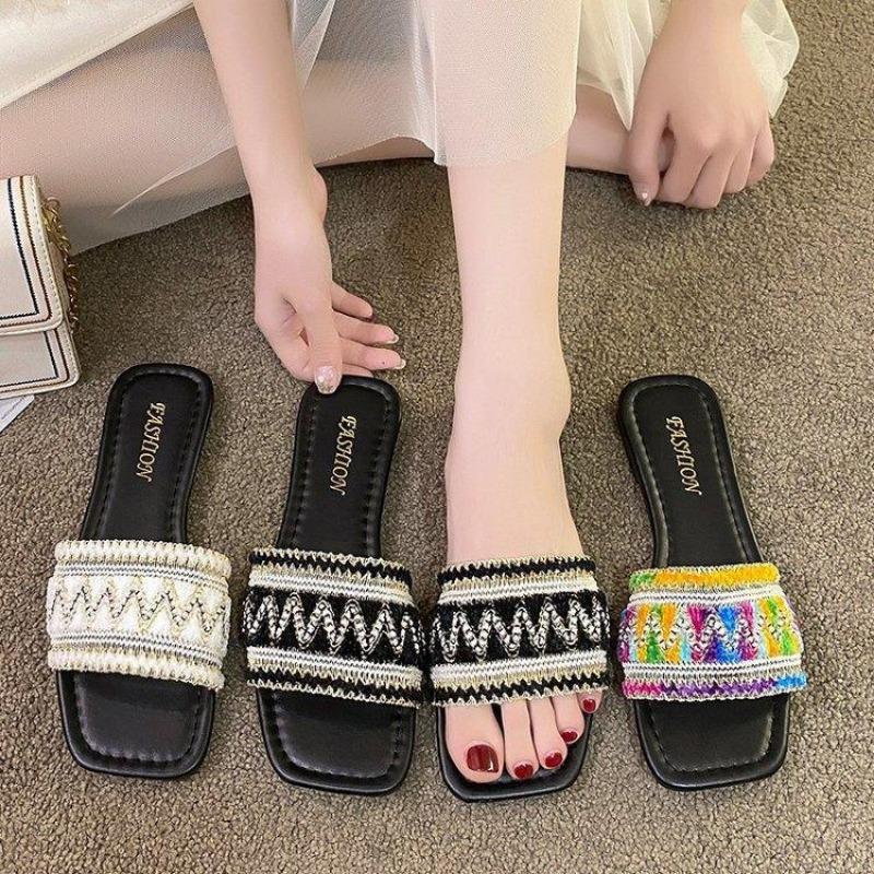 Size 43 Slippers, Summer Flat Flip-flops with A Square Head, Stylish Beach Holiday Slippers,