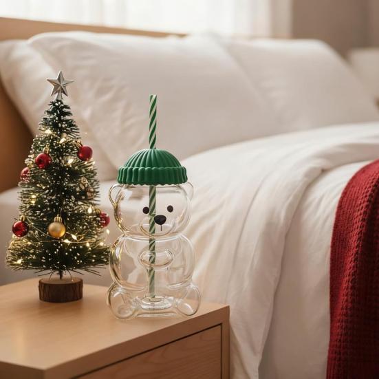 2Pcs Bear Shaped Tumbler with Lid & Straw Cute Leak-Proof Cup for Kids Adults Plastic Cold Drink Cup for Smoothie And Iced Coffee