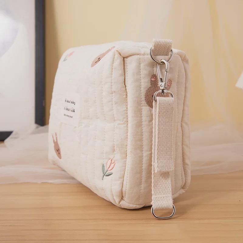Сумка для мамы Ins Zipper с вышивкой из хлопка - для хранения подгузников и бутылочек в коляске