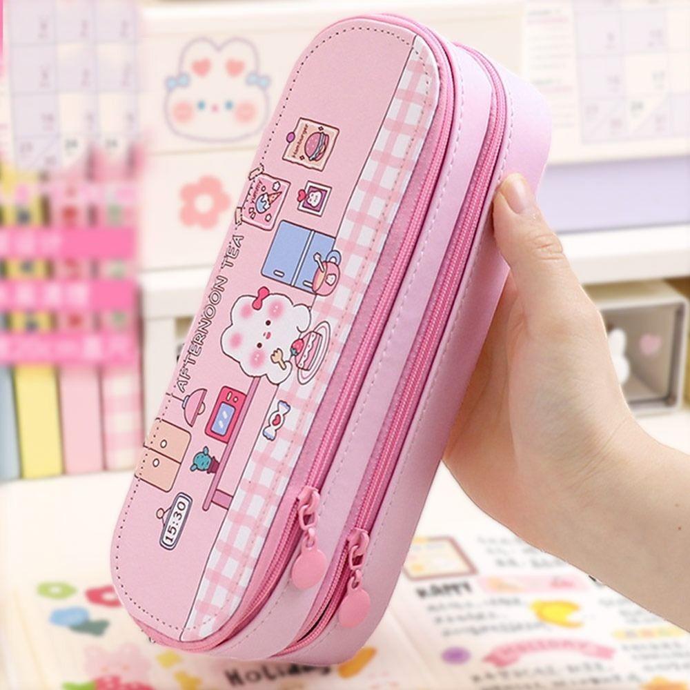Двухслойный пенал на молнии с мультяшным дизайном, водонепроницаемая сумка для ручек, портативный, большой вместимости, чехол для канцелярских принадлежностей, школьные принадлежности