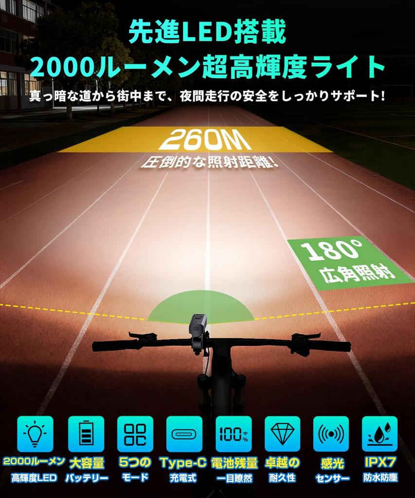 Bicycle Light 2000 Lumens Equipped with Light Sensor Automatic Lighting