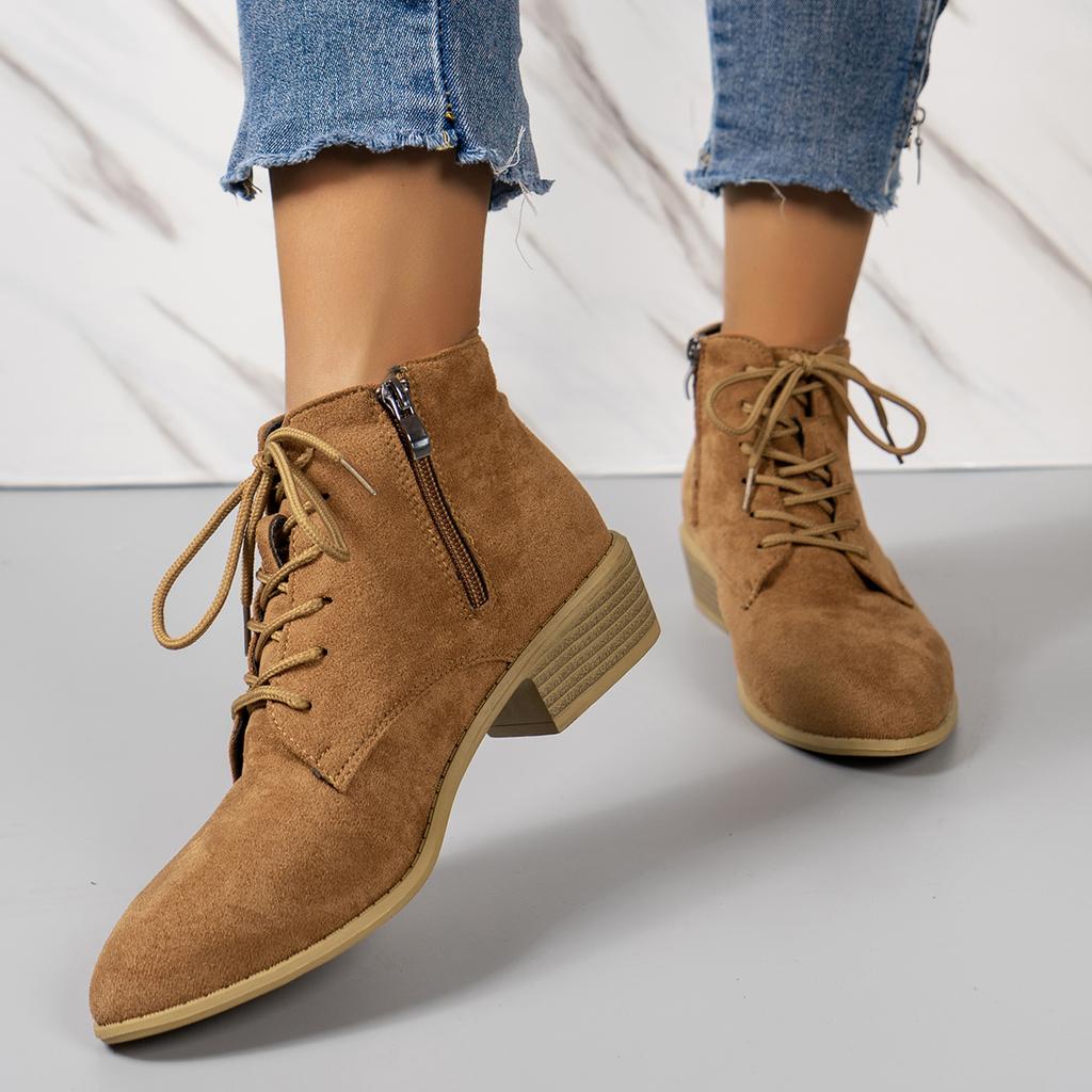 Fashion Women's Autumn Block Heeled Short Boots Fashion Zip Lace Up Faux Suede Ankle Boots Women Pointed Toe Thick Heeled Botines Mujer