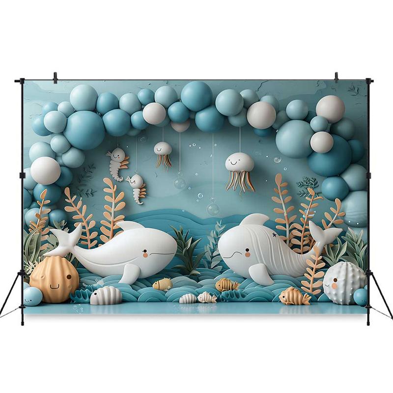 Mocsicka Whale Photography Backdrop Underwater Octopus Starfish Balloons Decors Backgrounds Baby Birthday Photo Studio Wallpaper