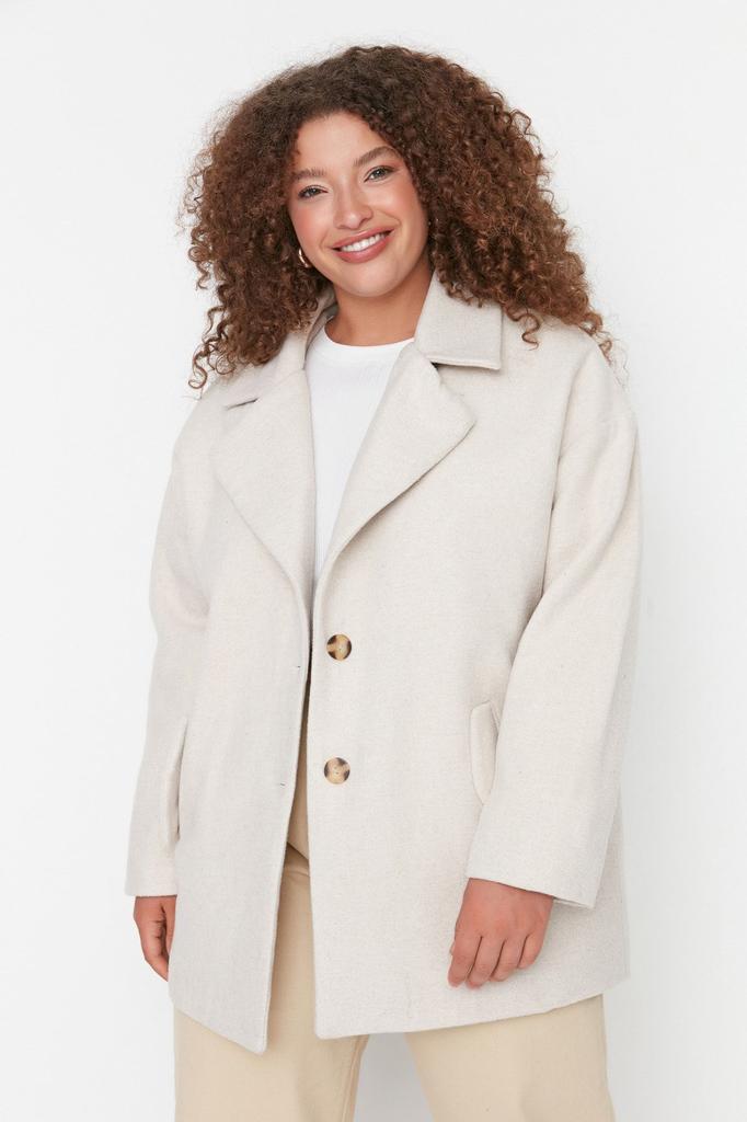 Women's Style Plus Size Wide Cut Stitched Woven Coat with Black Button Detail