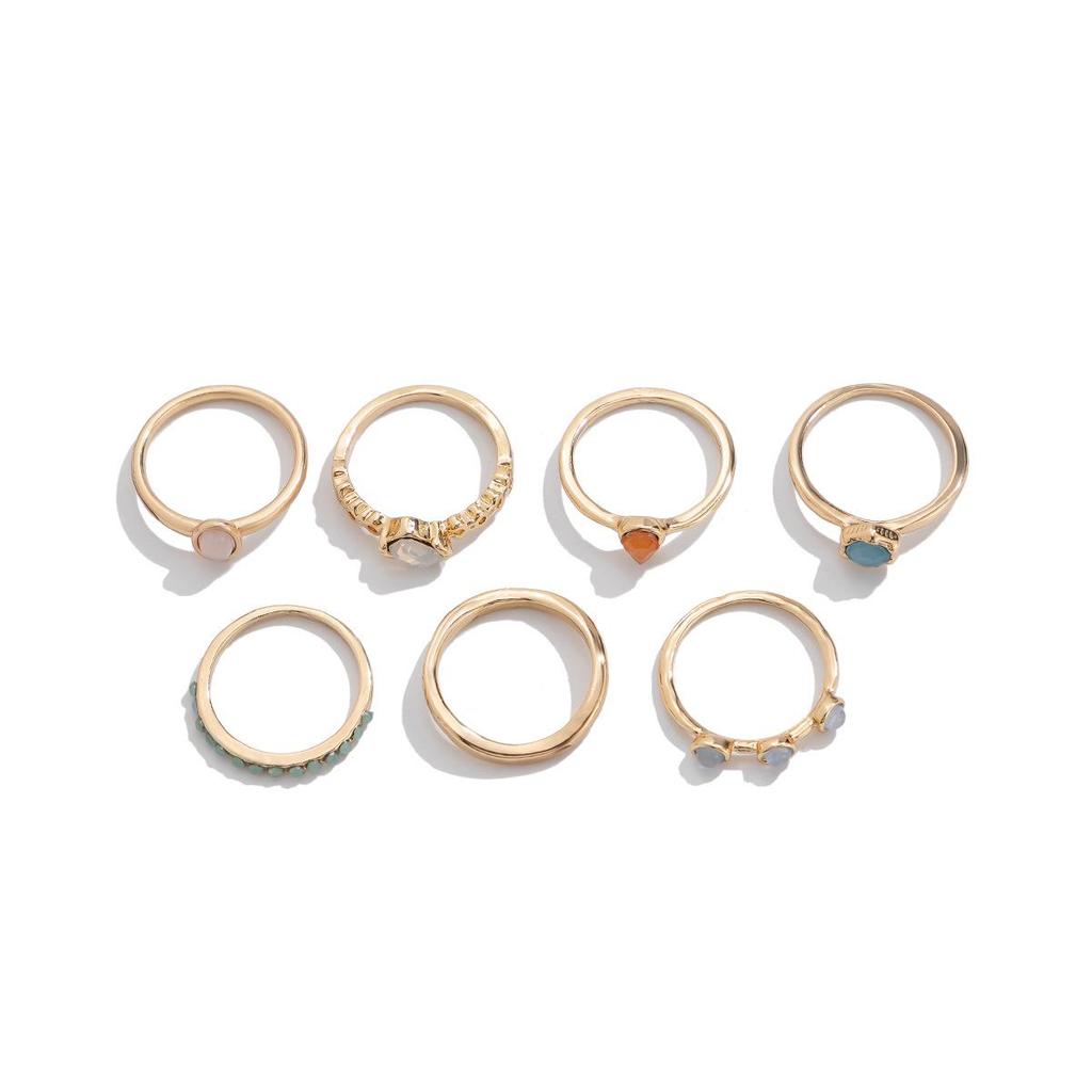 European & American Cold Style Gemstone Inlaid Irregular Metal Ring Set