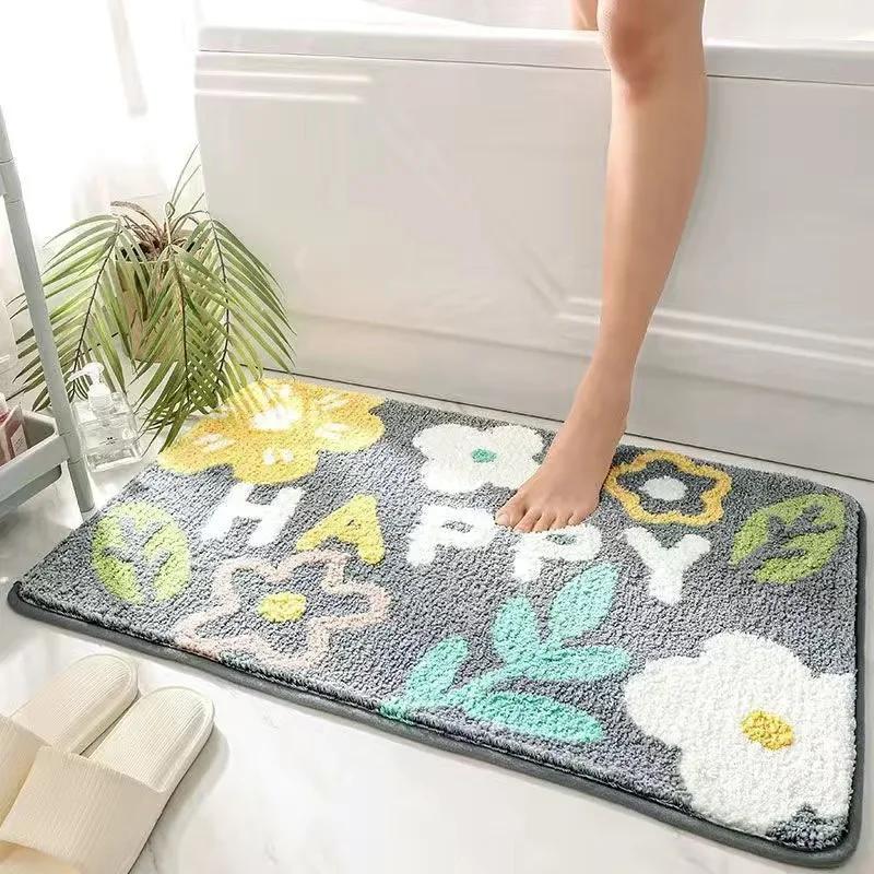 VIKAMA | Fresh Floral Imitation Cashmere Rug - Non-Slip, Absorbent Bathroom Mat/Living Room Doormat/Multi-Purpose Foot Mat
