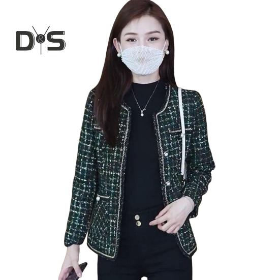 Женский твидовый пиджак с длинным рукавом, застегивающийся на пуговицы, укороченный блейзер с карманами, двубортное пальто в сетку для осени и зимы