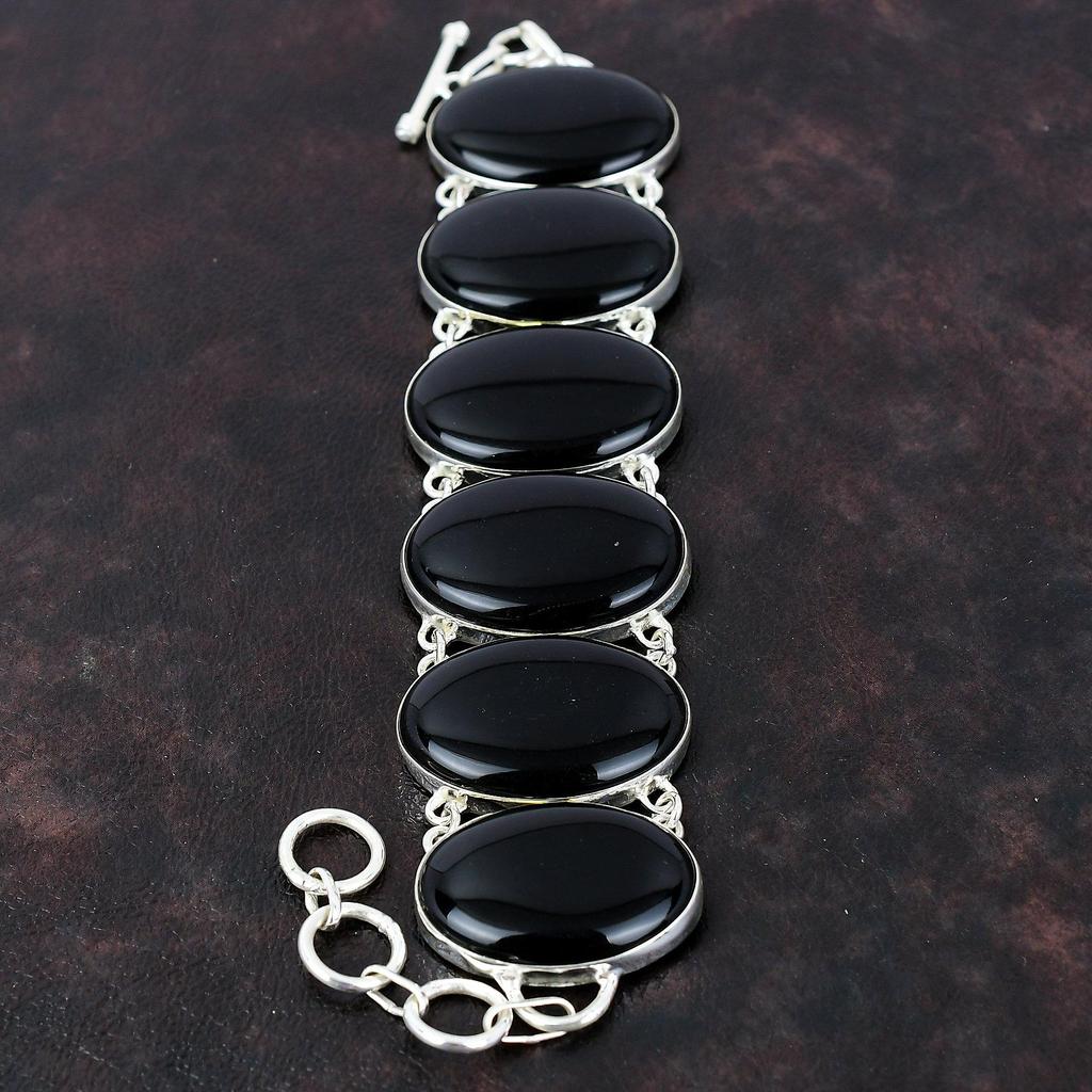 Браслет из черного оникса. Браслет из стерлингового серебра 925 пробы. Ювелирные изделия из драгоценных камней. Регулируемый браслет-цепочка. Ювелирные изделия ручной работы. Подарок для женщин. Элегантный браслет.