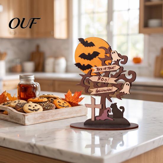Wooden Ghost Ornaments Halloween Moon Bat And Dead Tree Tabletop Ornament, Decorative Figurines Table Centerpiece for Home Desktop Holiday Party
