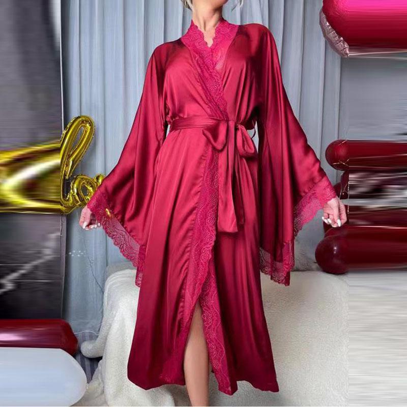 Сексуальный длинный однотонный шелковый атласный халат с кружевной отделкой и вставками для женщин, с расклешенными рукавами, свободный, в придворном стиле, ночная одежда, кружевные халаты, одежда для отдыха
