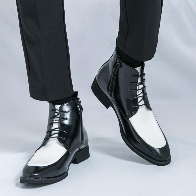 Fashion Black and White High Top Leather Shoes Fashionable and Trendy Men's Style Outdoor Business Party Evening Party Office Shoes New