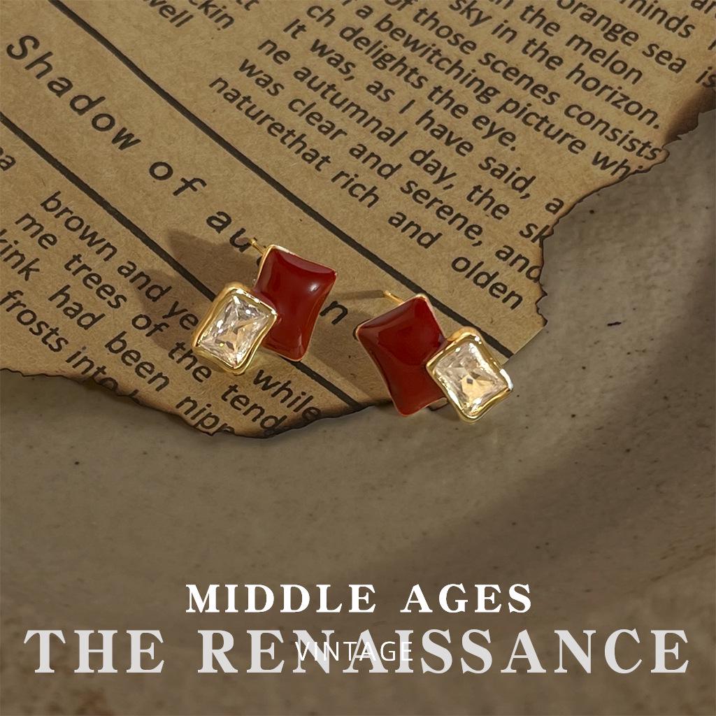 Vintage Burgundy Red Enamel Drop Earrings - Retro French Style Studs