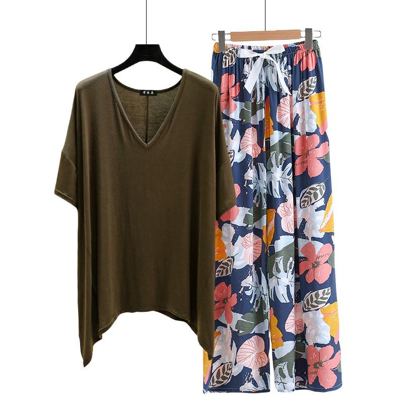 Необычная футболка и широкие брюки с цветочным принтом летние женские повседневные пижамные комплекты Костюм для дома с коротким рукавом Свободный легкий костюм для отдыха Большие размеры