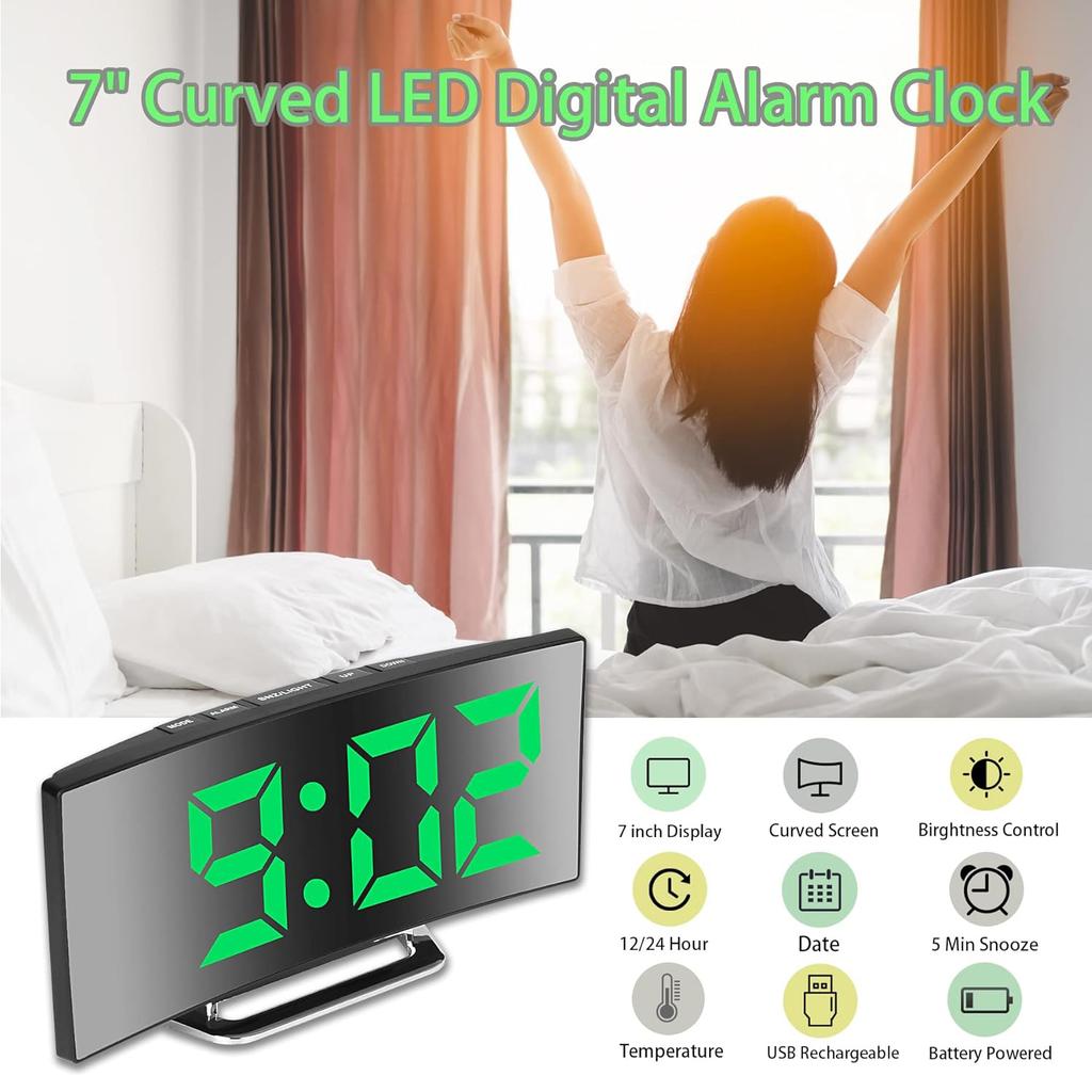 LED Alarm Clock 7'' Mirror Electronic Clock Large Scree Curved Digital Alarm Clock with 5-Min Snooze for Home Bedroom Office2