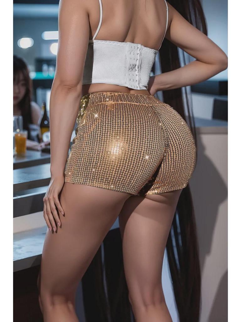 Новые женские шорты с высокой талией, расшитые пайетками — европейский и американский стиль с высокой эластичностью для стильного повседневного образа и выступлений в баре