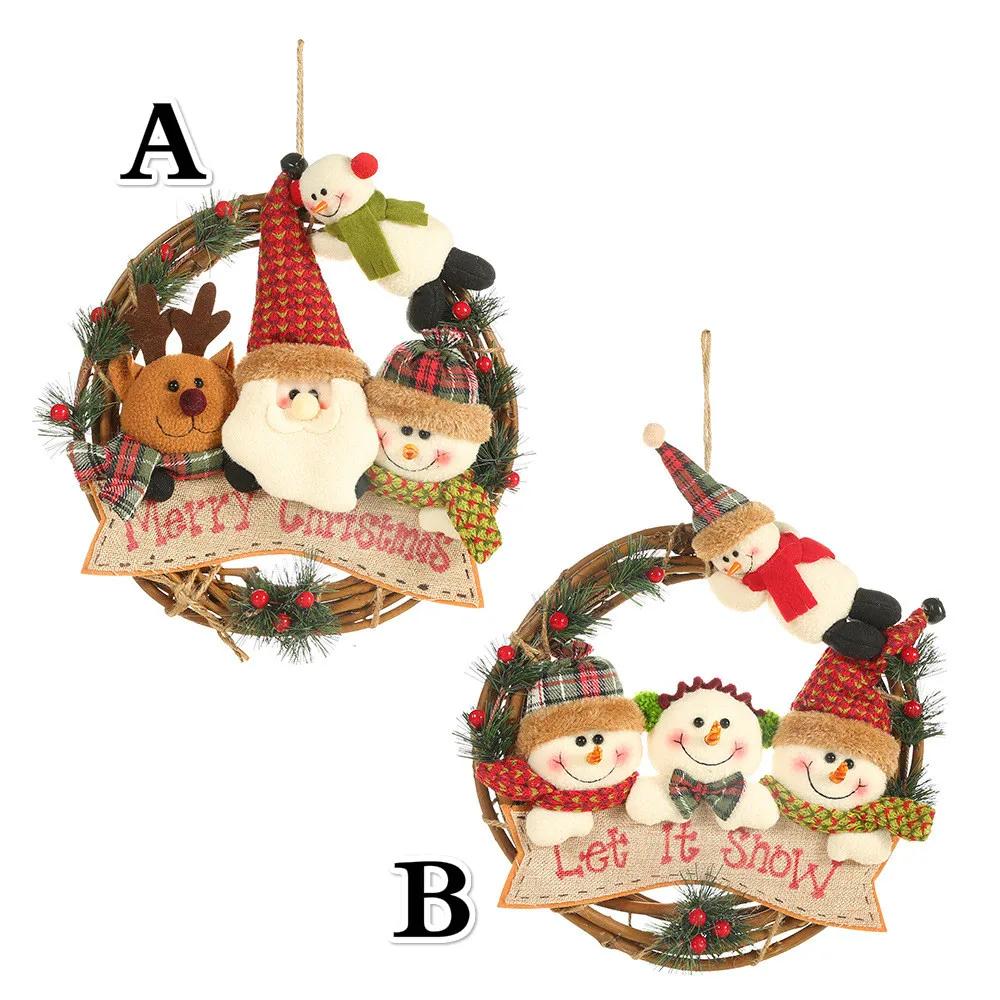 Снеговик Санта-Клаус Лось Рождественский венок Подвеска из ротанга ручной работы Рождественская елка Украшение двери