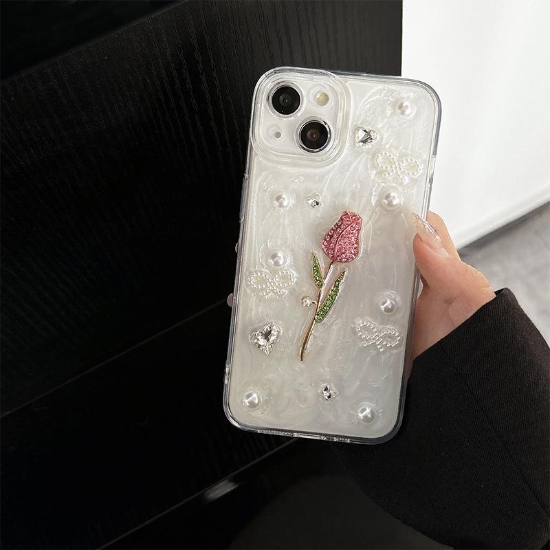For Apple 16Pro Fresh Ins Style Rose Phone Case for IPhone17 Glitter Glitter Rhinestone Pearl Diamond
