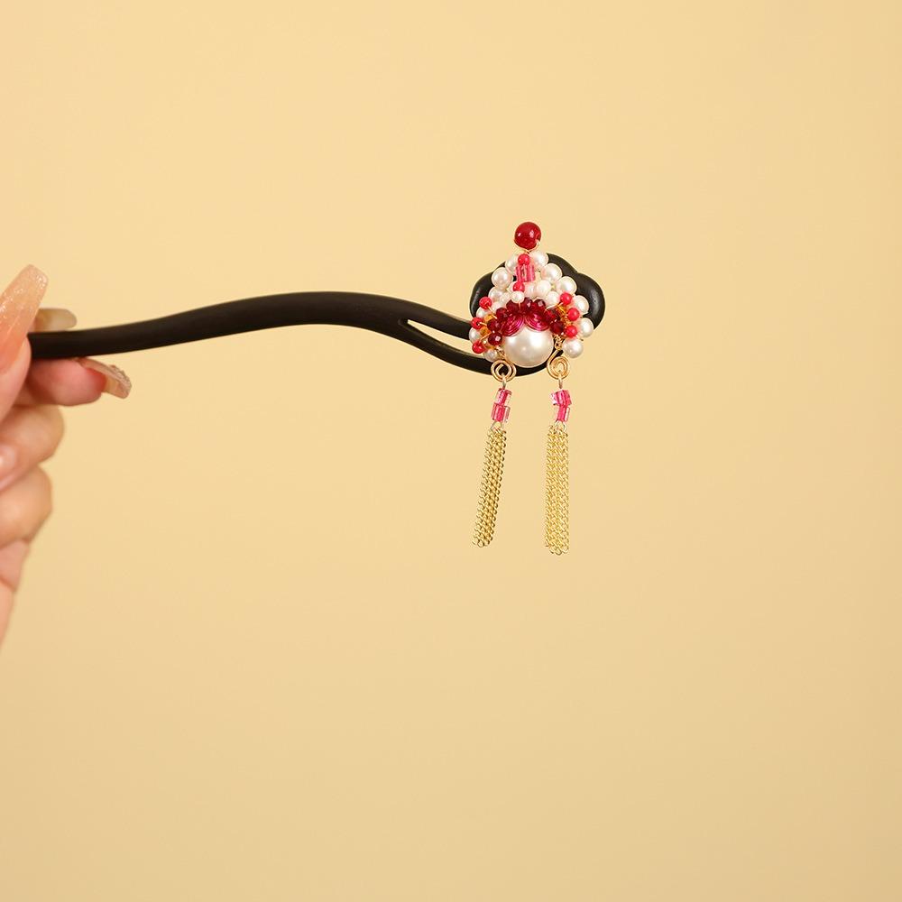 Red New Chinese Style Hair Clip Tassel Hanfu Hairpin Temperament Wooden Hair Stick  Bridal