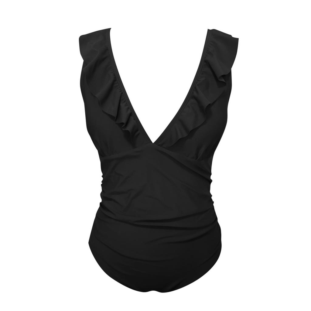 Women Swimwear V-neck Solid Color Ruffled One-Piece Swimsuit