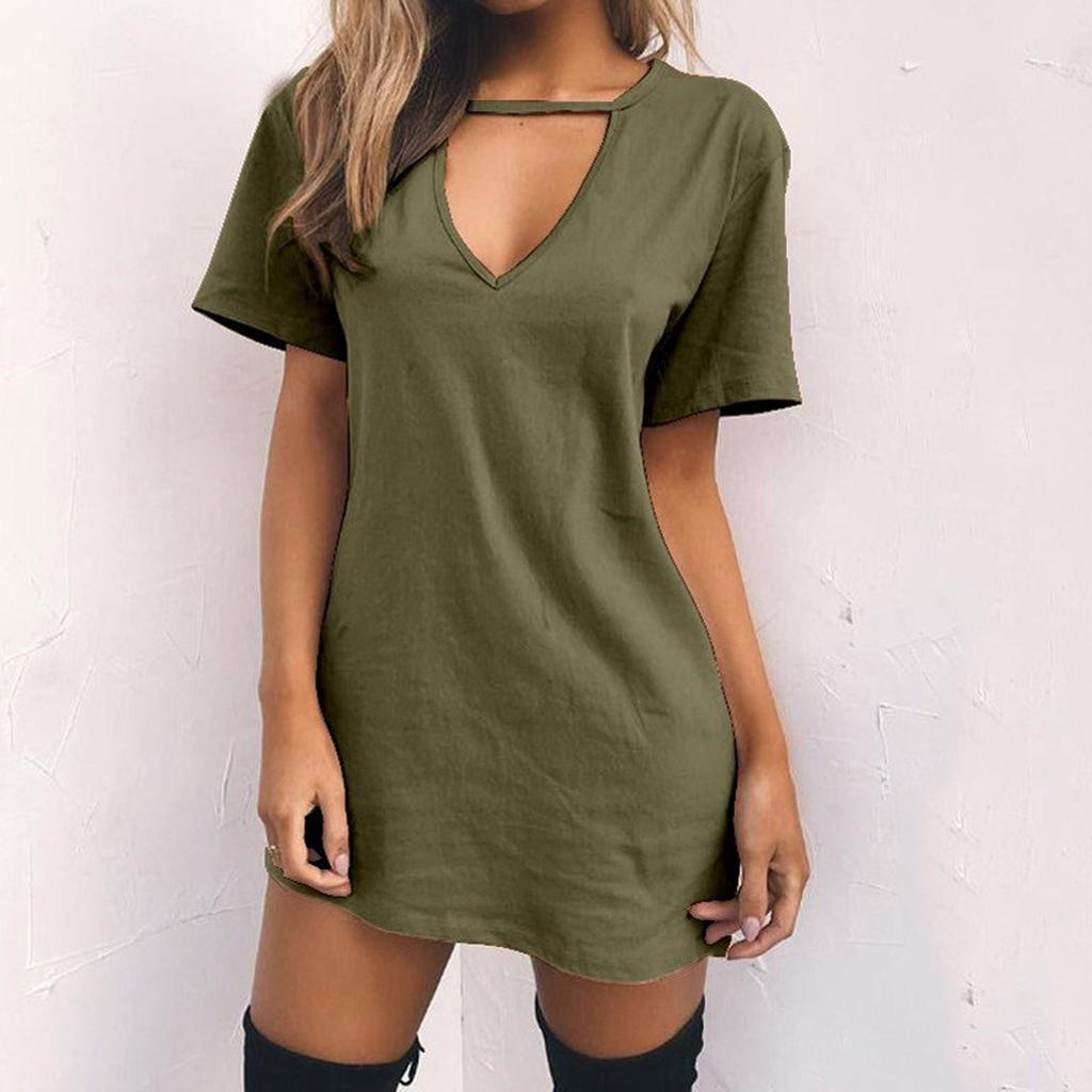 Fashion Women Casual Short Sleeve V-Neck Solid Ladies Hollow Out Mini Dress