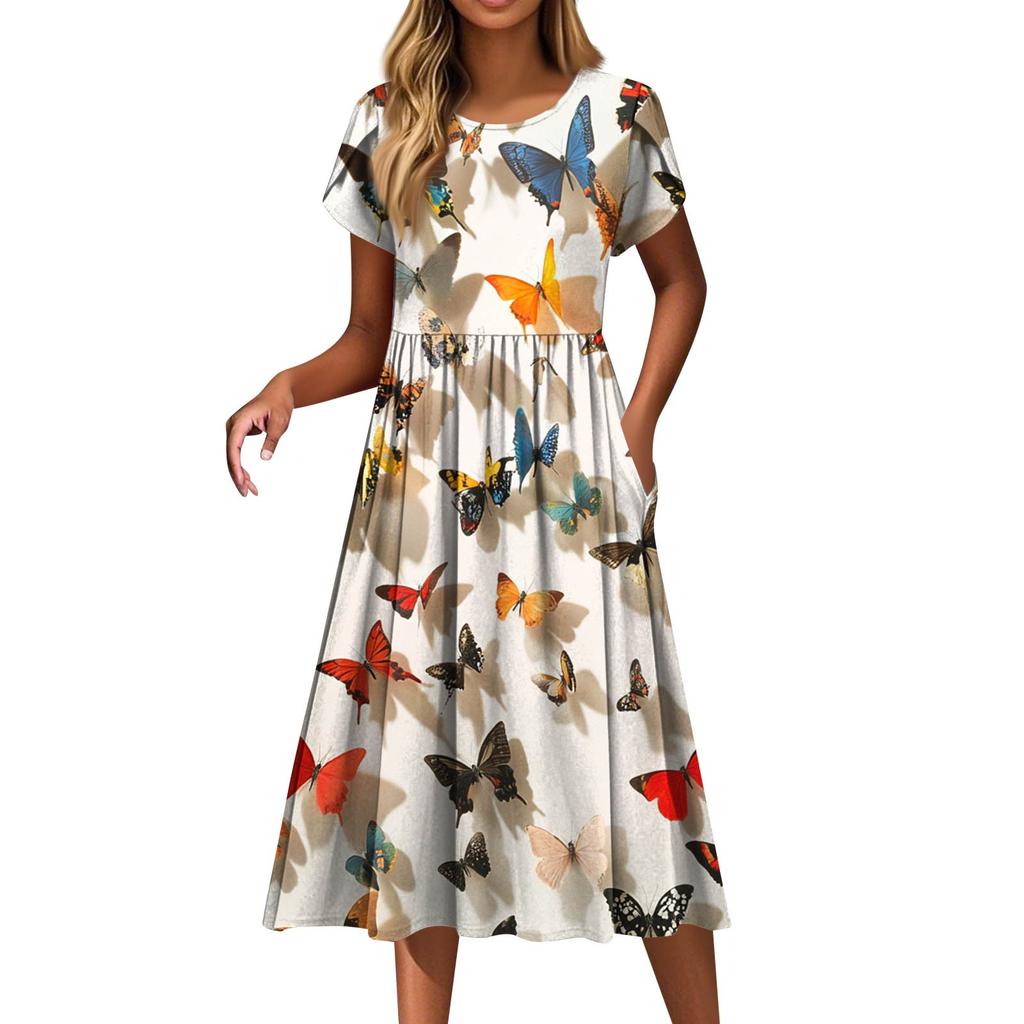 Women's Fashion Casual Loose Printed Round Neck Pocket Short Sleeve Dresses
