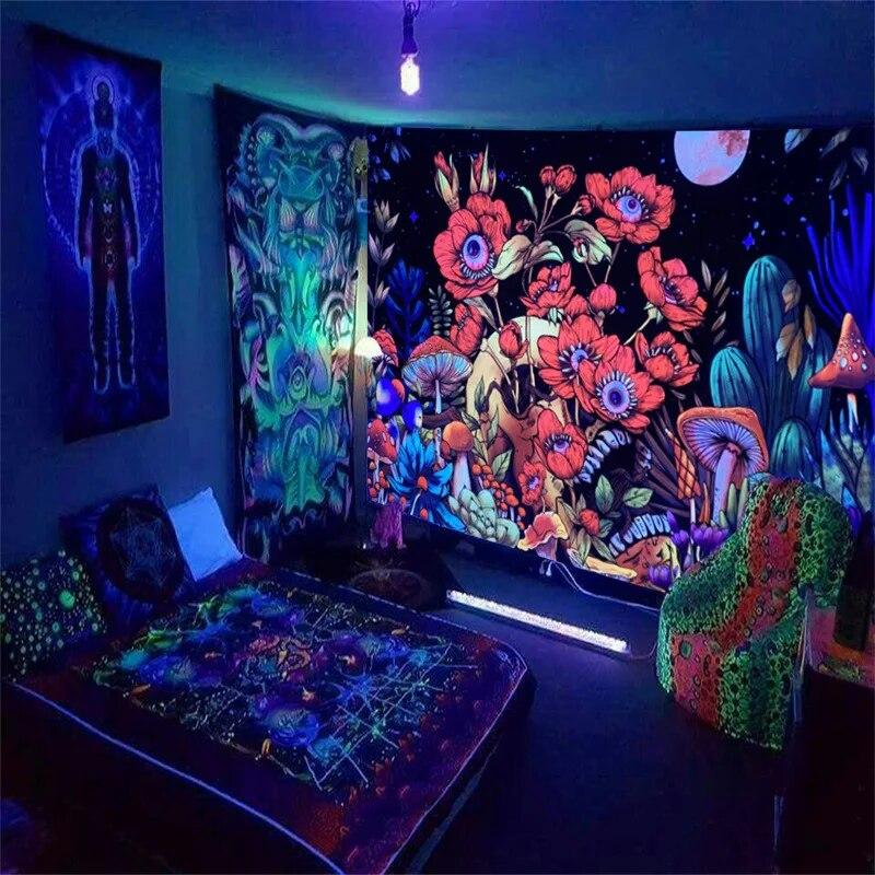 Black Light Tapestry UV Reactive Psychedelic Mysterious Mushroom Wall Hanging Bedroom Dorm Separate Room Decoration