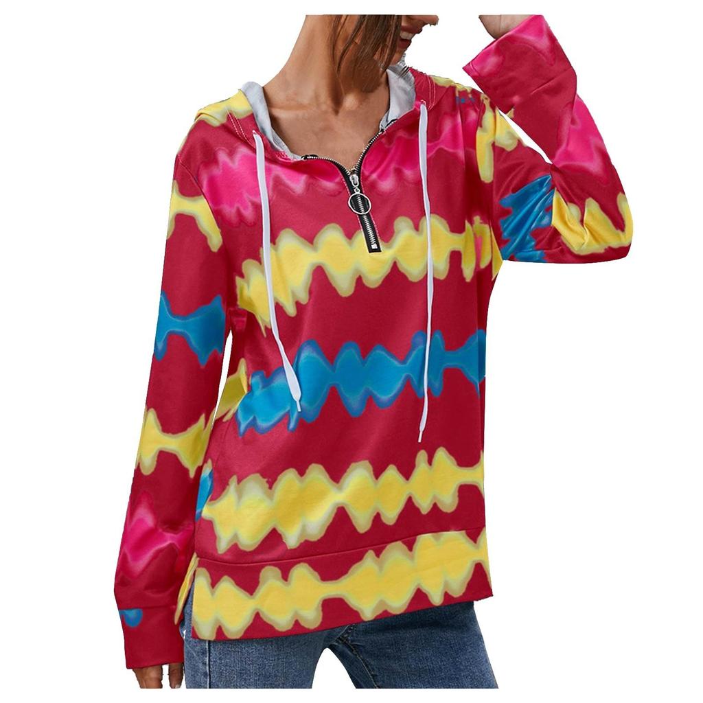 Women's Fashion Wave Printed Striped Drawstring Hooded Casual Sweatshirt Top