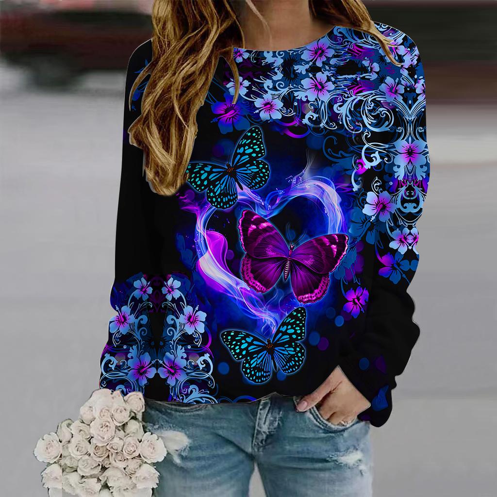 Осенняя женская модная футболка с круглым вырезом и длинным рукавом, свободная одежда, синяя футболка с принтом бабочки и колокольчиком для девочек, уличная