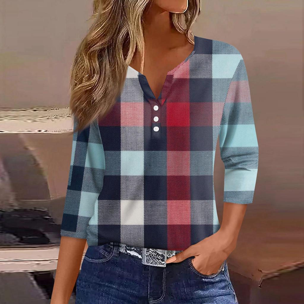 Women's T Shirt Tee Printed Button 3/4 Sleeve Tunic Daily Weekend Fashion Basic V- Neck Regular Top