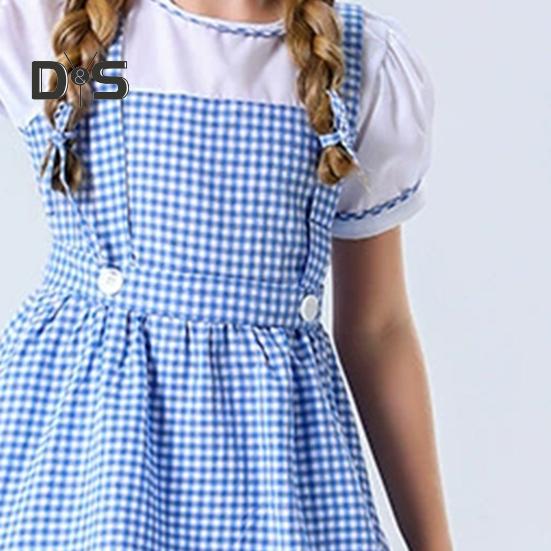 Girl's Blue Gingham Dress Kansas Girl Halloween Fancy Party Dress-up Costume Fairytale Musical Movie Character Cosplay Outfit for Kids