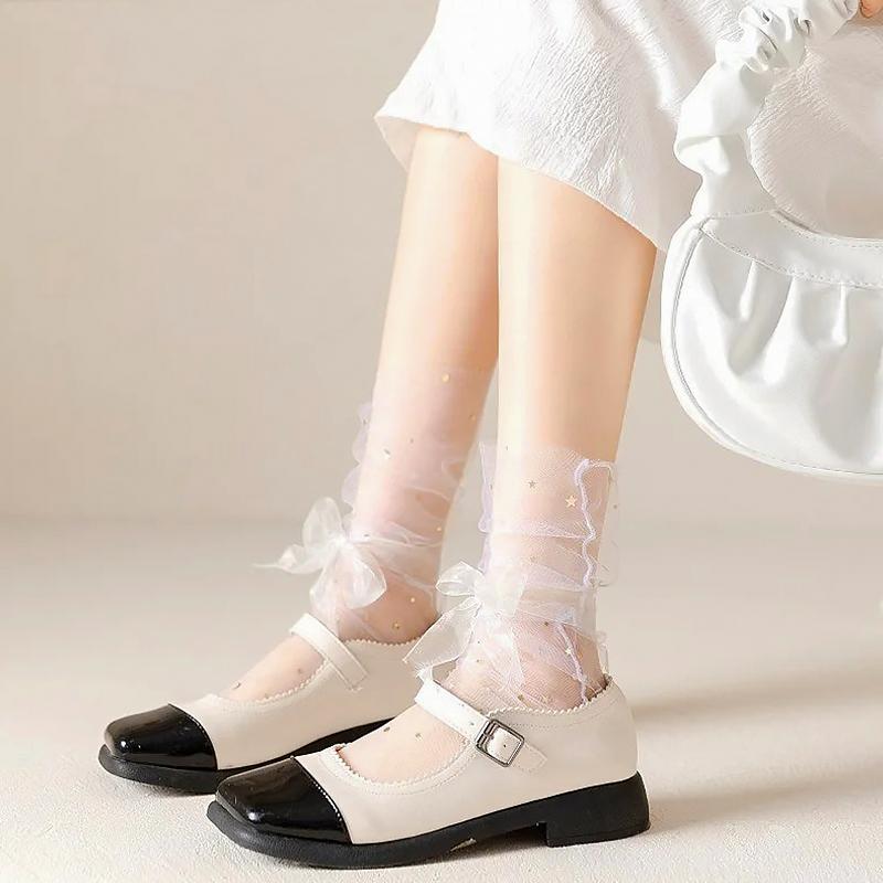 1 пара модных летних прозрачных носков средней длины из тюля с принтом снежинок и бантом Kawaii