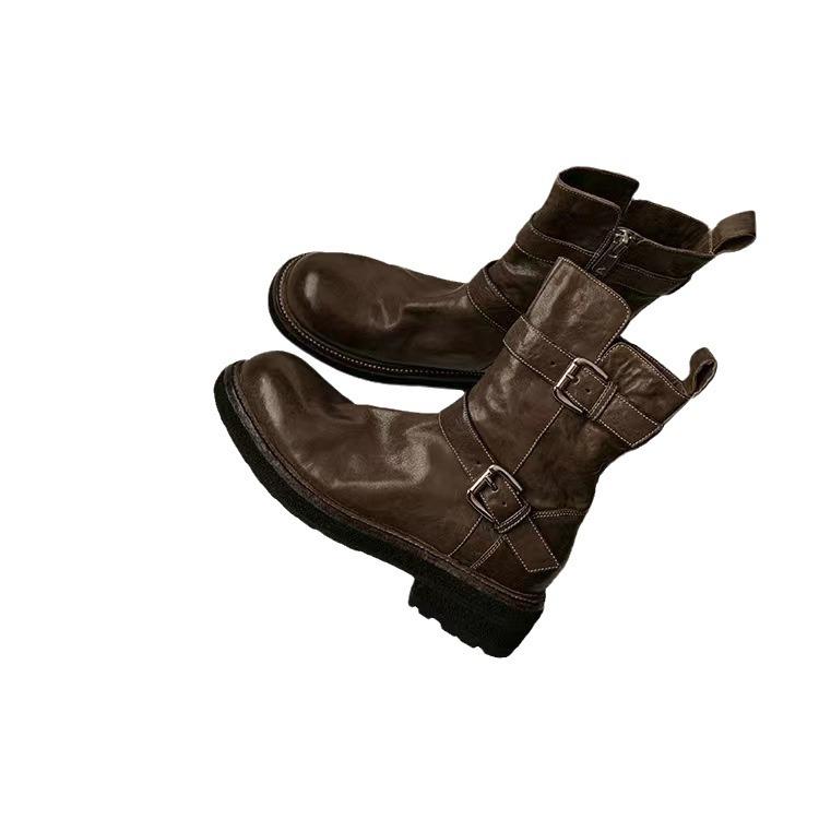 Ежегодные боевые ботинки Grape Mom в том же стиле~ Усадка после стирки, конская кожа, ремень с пряжкой, толстый каблук, ботинки-мартин до середины икры, женские, в стиле локомотива