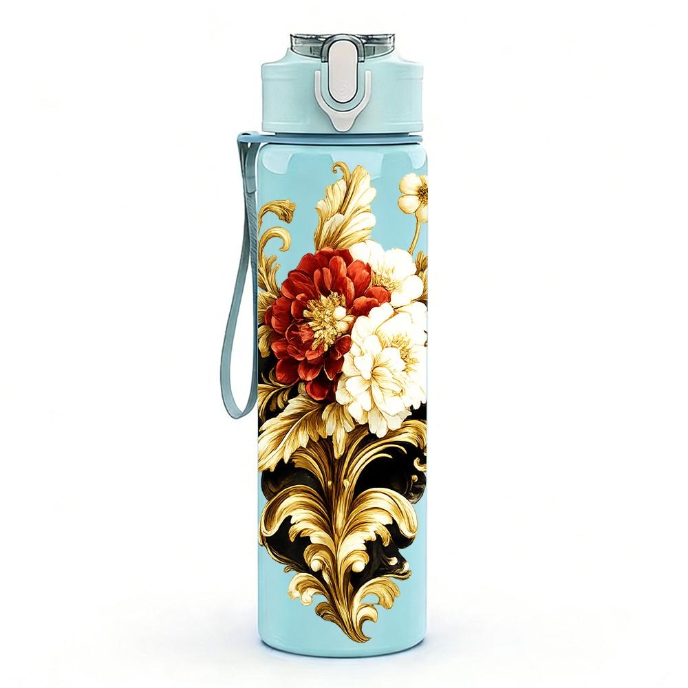 1PC Dried Wheat Floral Bouquet Print 750ml Color Plastic Sports Water Bottle Leakproof Flip Straw Lid Suitable for Sports Office Home Use