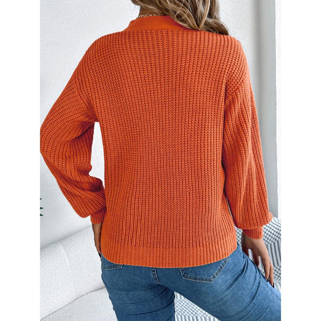 HNXC Autumn and Winter Casual Hollow V-neck Twisted Lantern Sleeve Pullover Sweater for Women