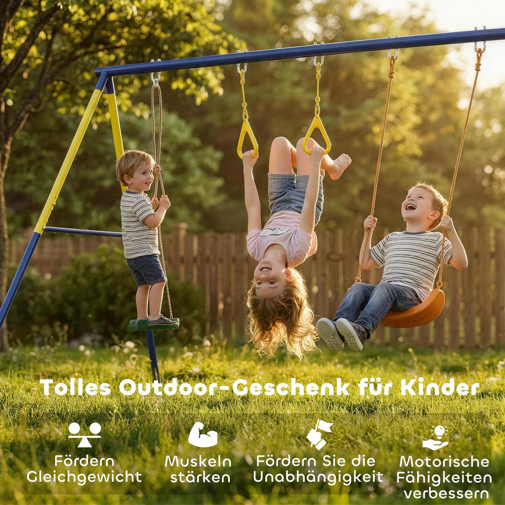 Swing Frame up to 150 kg 3-in-1 Kids Swing with Classic Swing, Gymnastic Rings, Standing Swing, 285x160x181 cm