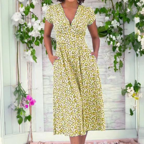 Платье миди в стиле бохо с V-образным вырезом, короткими рукавами, высокой талией, женским платьем с карманами, струящимся подолом, платье А-силуэта