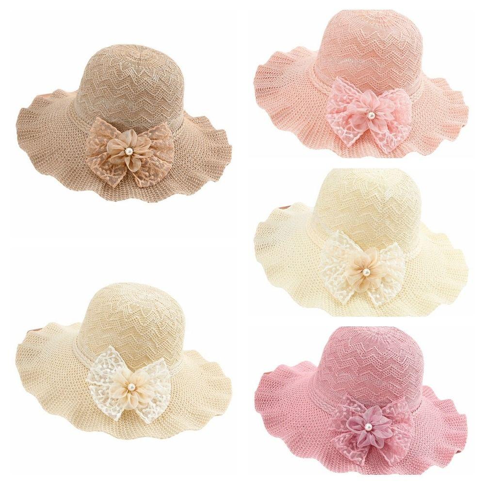 Lace Bow Wide Brim Knitted Hat Solid Color Beach Sun Hat Fashion UV Protection Cap Travel