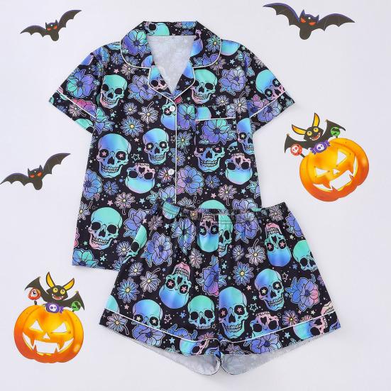 Комплект женской пижамы на Хэллоуин с принтом призрака и тыквы, рубашки с коротким рукавом на пуговицах и шорты, комплект одежды для сна из 2 предметов, домашняя одежда, короткий комплект пижамы