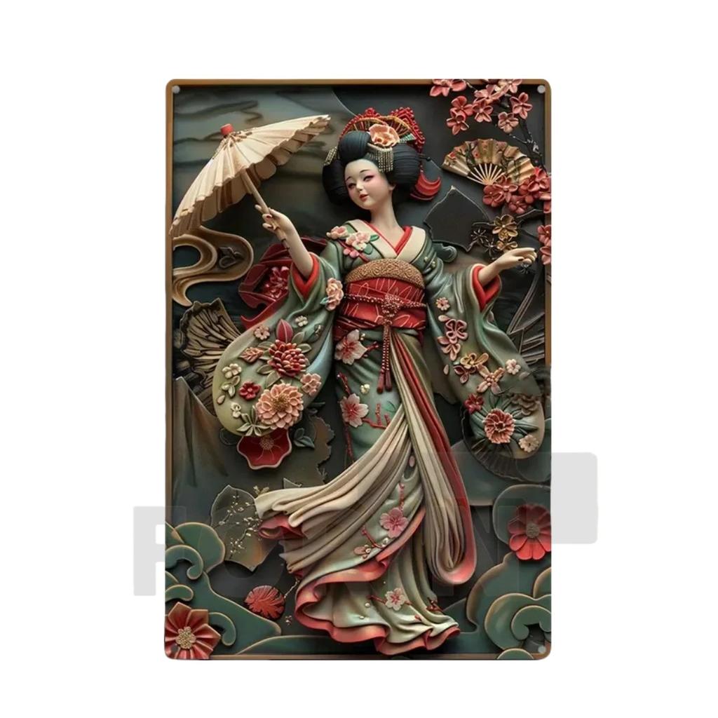 Японская гейша кимоно металлический знак, 2D элегантный японский постер с цветущей вишней, для дома, комнаты, офиса, идзакая, кафе, студии настенный декор