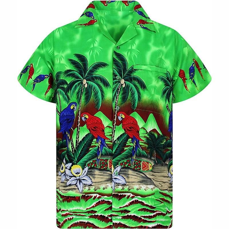 Летняя рубашка с цветочным принтом попугая 3D для мужчин и женщин, модные рубашки, однобортная гавайская блузка с коротким рукавом, мужская одежда