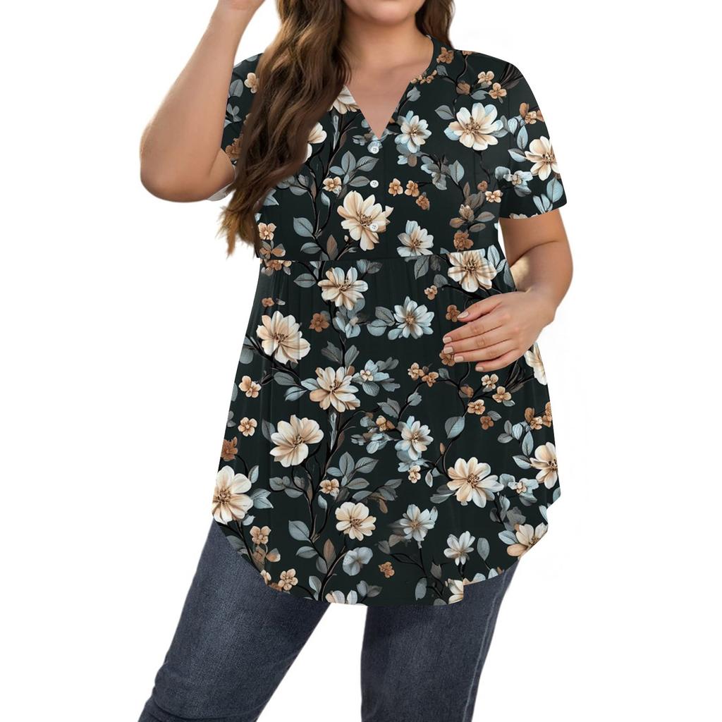 Женский принт Большой размер V-образный вырез Застегивающаяся на пуговицы блузка Повседневная с коротким рукавом Свободная блузка