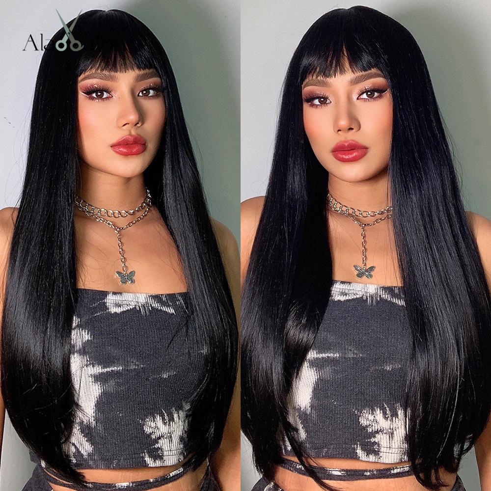 ALAN EATON Темно-коричневый синтетический парик с челкой, шелковистые прямые длинные многослойные парики для женщин, термостойкие для повседневного косплея и вечеринки