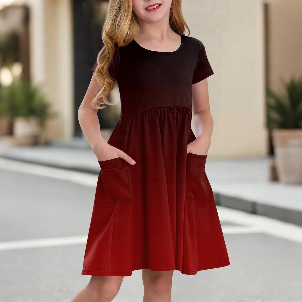 Детская юбка с круглым вырезом и коротким рукавом, платье принцессы, модное повседневное платье с карманами для девочек