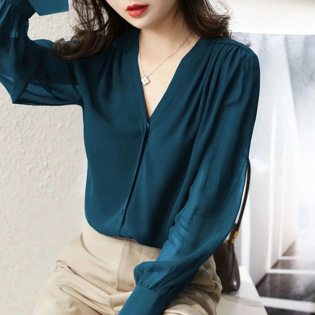 Women's Clothing Chiffon Blouse Spring Fall V-Neck Long Sleeve Slim Fit Retro Minimalist Elegant Feminine Office Chic Solid
