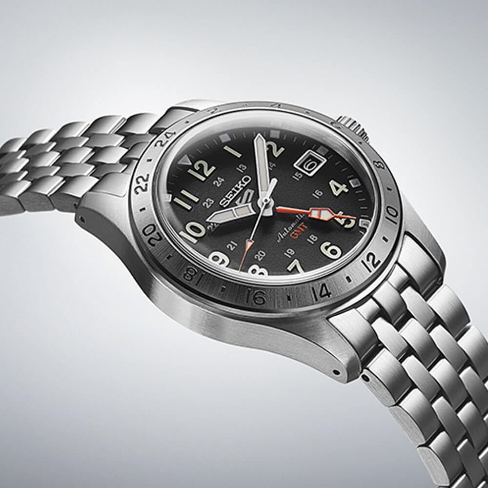 SEIKO Automatic Watch 5 Sports Collection Sports Stainless GMT Hands 100M Water Men's - - Men's Watch, Steel, - Resistant, Black, Casual.