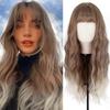 Long Wavy Wig with Bangs Light Ombre Brown Color Synthetic High Temperature Fiber Wig for Women Daily Wear
