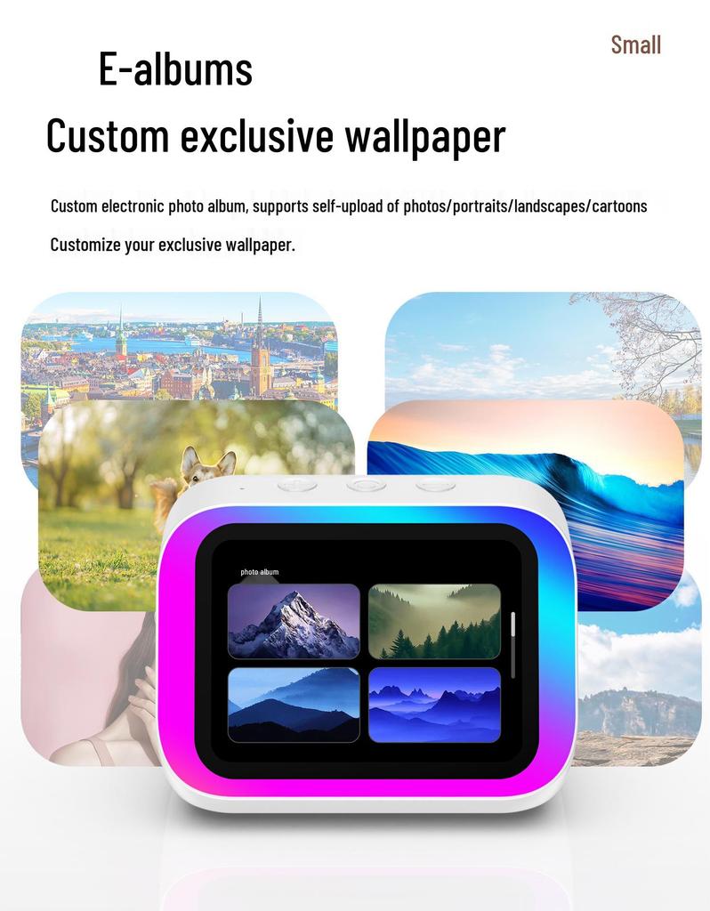 AI Voice Speaker with Hands-free Calling, Music Playback, Photo Album, Time Reporting, Weather Forecast, and Smart Alarm Clock