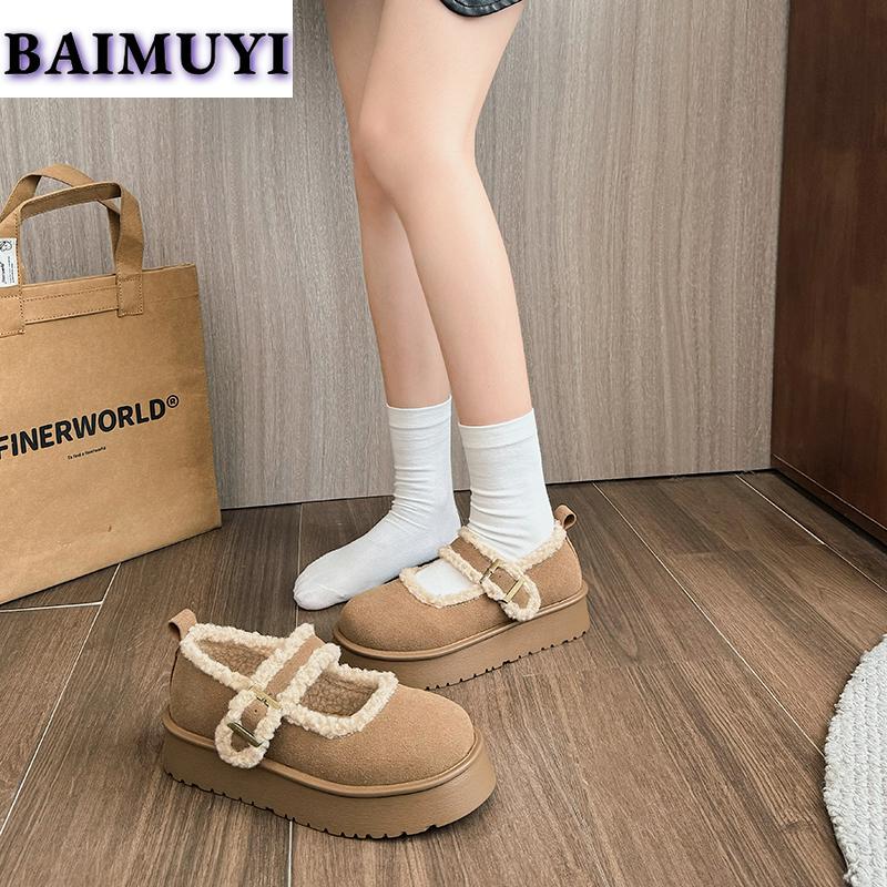 Меховые туфли на платформе из хлопка, женские туфли на плоской подошве, замшевые повседневные туфли Мэри Джейн, платье в стиле Лолиты, уютное зимнее трендовое плюшевое теплое ботильоны для женщин 2025 года