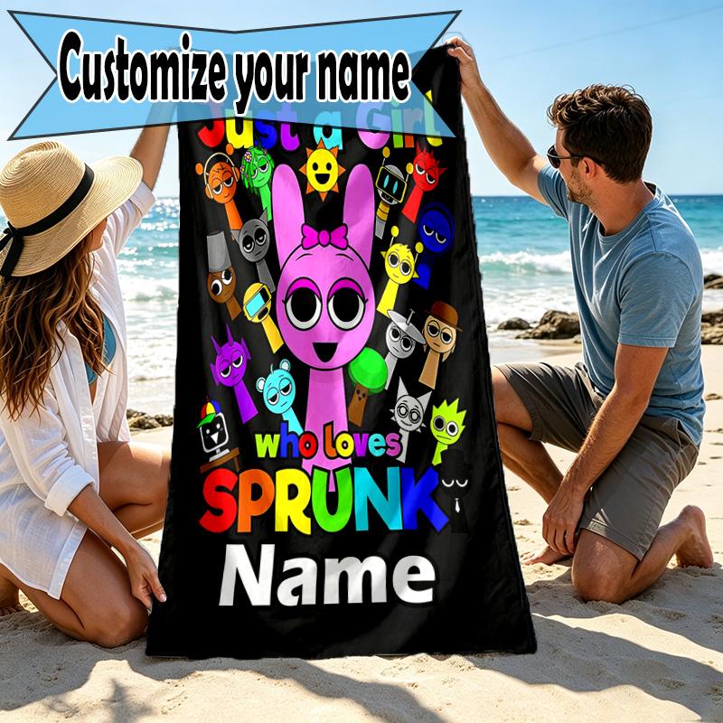 Custom Name Personalized Sprunki Game Print Beach Towel, for Trip Camping Beach Party Home Decor, Birthday Gift for Family & Friends